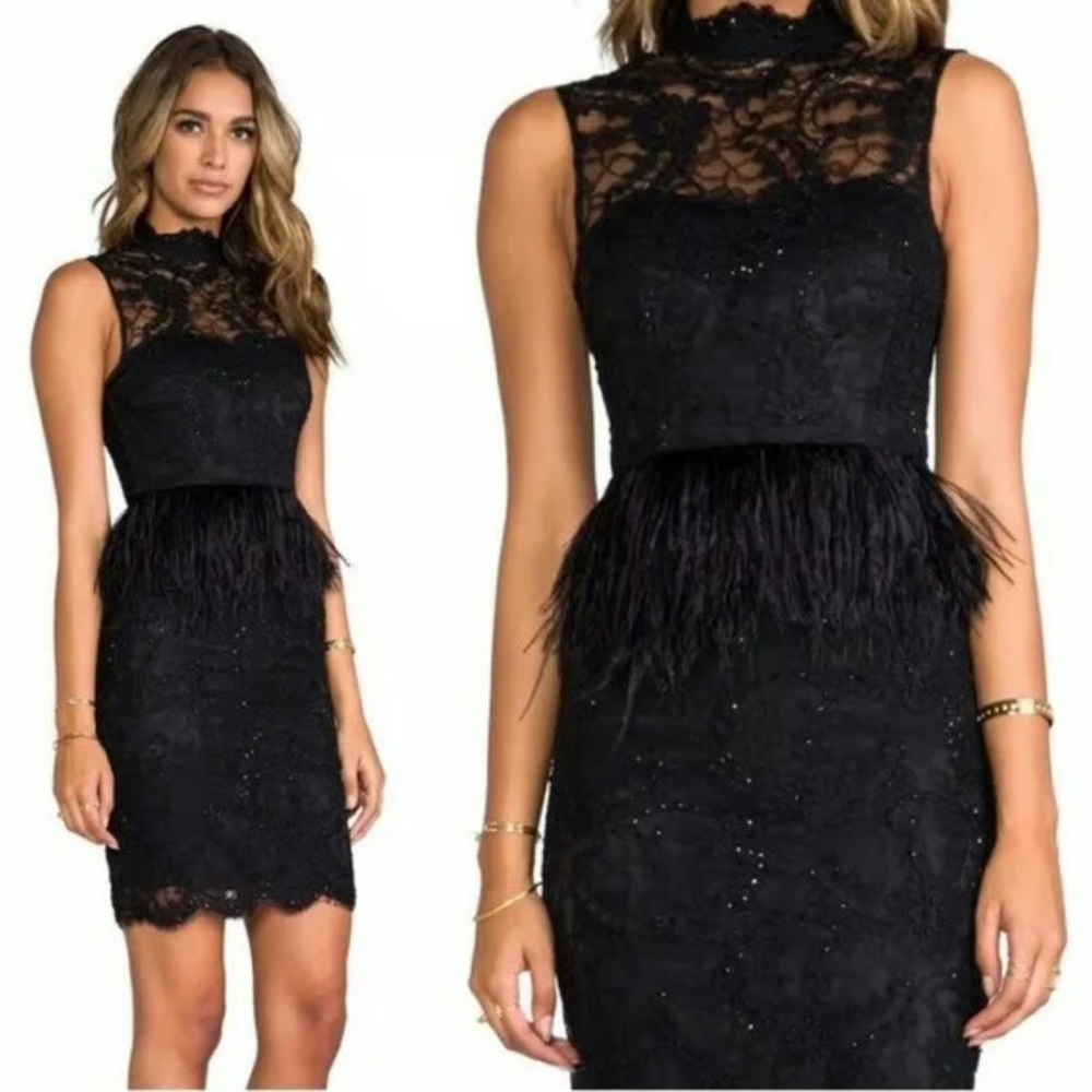 Alice + Olivia Black Lace Mini Dress with Feather Accents